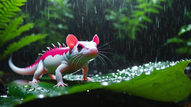 Speelgoedgerbil die in de regen op een blad staat