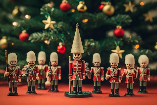 Foto speelgoedsoldaten staan op de wacht rond een kerstboom die door ai is gegenereerd.