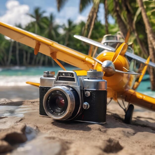 Speelgoedvliegtuig en retro fotocamera met kokosnoot