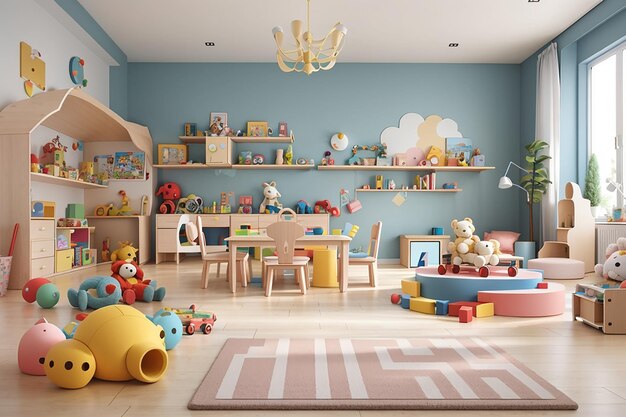 Speelkamer met speelgoed en meubels