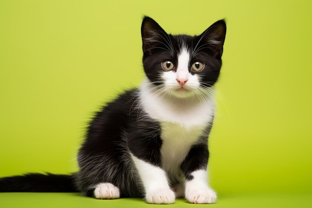 Speels contrast Een charmant zwart-wit kitten schijnt op een levendige achtergrond in Studio Photo Sho