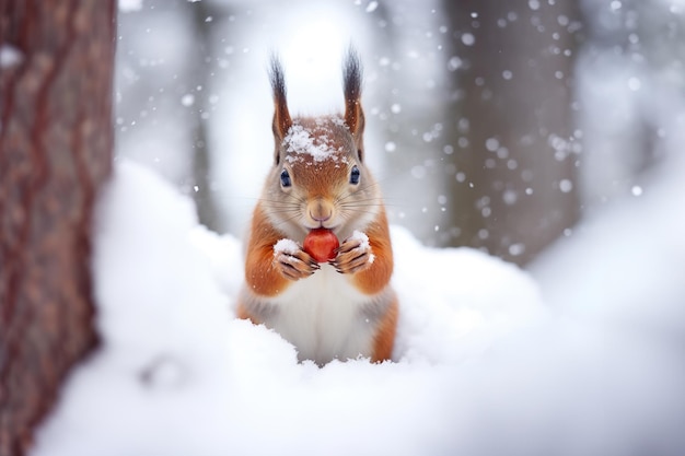 Speels eekhoornfeest CloseUp Sneeuwvermaak in artistieke compositie
