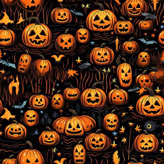 Speels halloween thema met verschillende pompoen gezichten en vriendelijke geesten op een donker veld naadloos