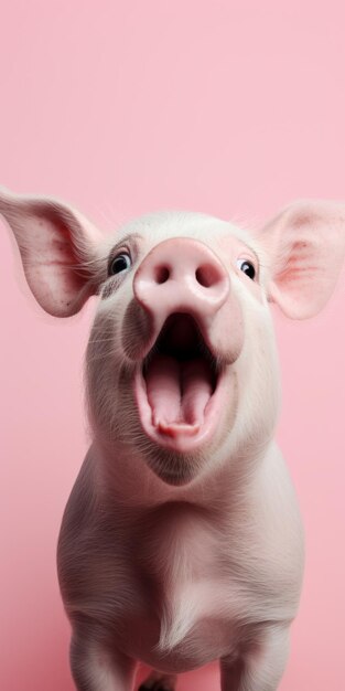 Foto speels varken met open mond op een levendige roze achtergrond