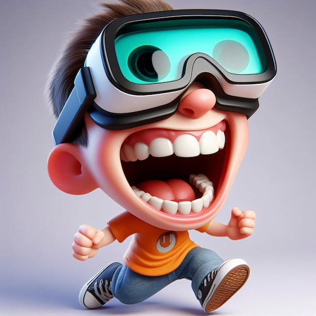 Speelse 3D-caricatuur met overdreven gelach luid in VR-bril gerenderd in 3D-filmstijl