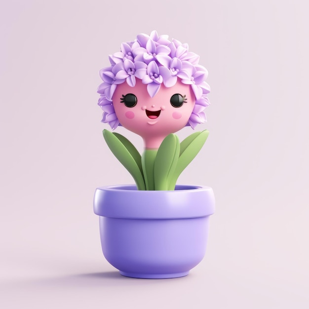 Speelse 3D paarse bloem personage in een pot