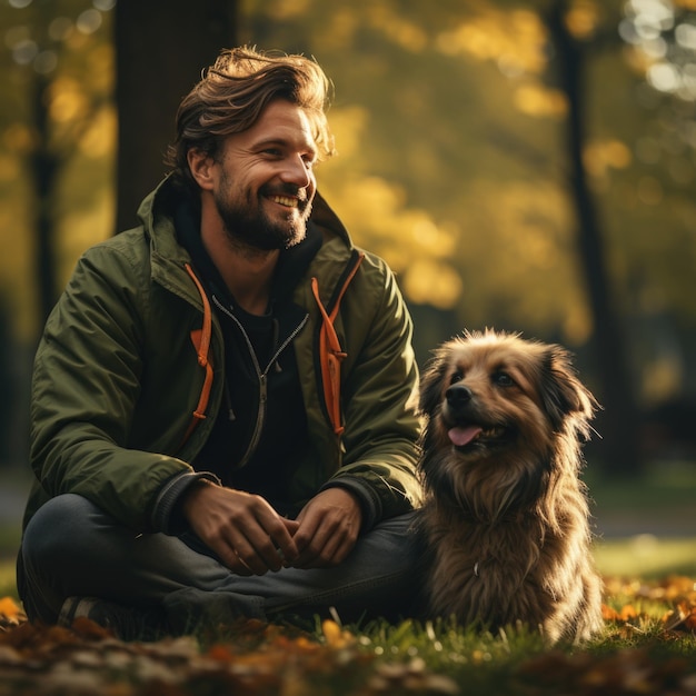 Speelse band Een man en zijn hond genieten van een spel van fetch in het park Generatieve AI