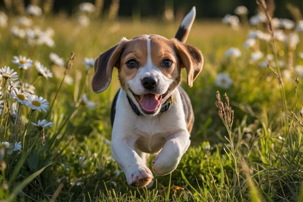 Foto speelse beagle puppy geniet van buiten spelen