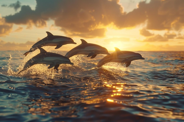Foto speelse dolfijnen springen door een zonsondergang zee octa