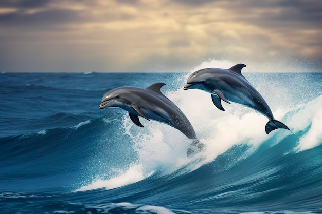 Speelse dolfijnen springen over brekende golven Hawaii Stille Oceaan natuurlandschap