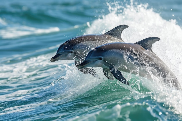 Speelse en acrobatische dolfijnen die in de golven spelen Getuige van het vreugdevolle schouwspel van dolfijnen terwijl ze door de golven van de oceaan springen en salto's maken