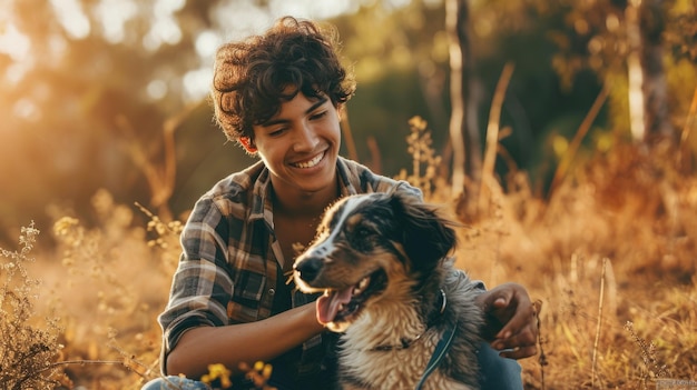 Foto speelse hond en zijn eigenaar in de natuur buiten pragma