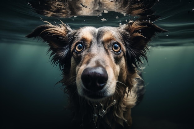 Foto speelse hond kijken naar camera onderwater generatieve ai