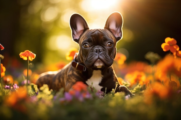 Speelse hond puppy die een veld met bloemen verkent Genatieve AI