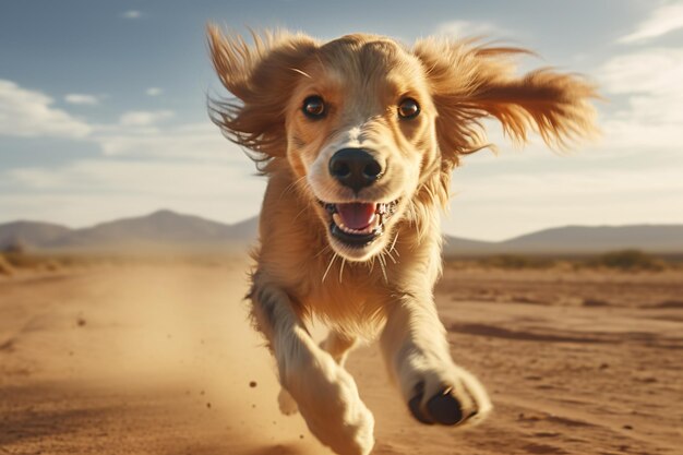 Speelse honden racen door een woestijnlandschap