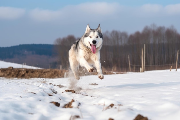 Speelse husky's die rennen en springen op een met sneeuw bedekt veld gemaakt met generatieve AI