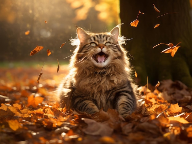speelse kat die tegen vallende herfstbladeren slaat in een zonovergoten tuin