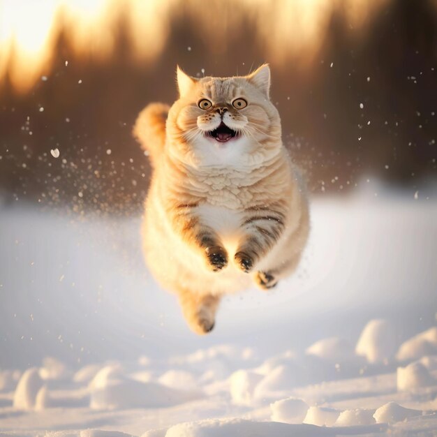 Speelse kat in de sneeuw