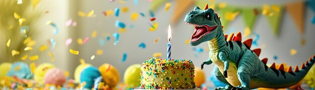 Speelse kinder verjaardagsscène met speelgoed dinosaurus blaast kaars uit op kleurrijke besprenkelde taart omringd door confetti en ballonnen ideaal voor kinderfeest uitnodigingen Kopieer ruimte Generatieve AI