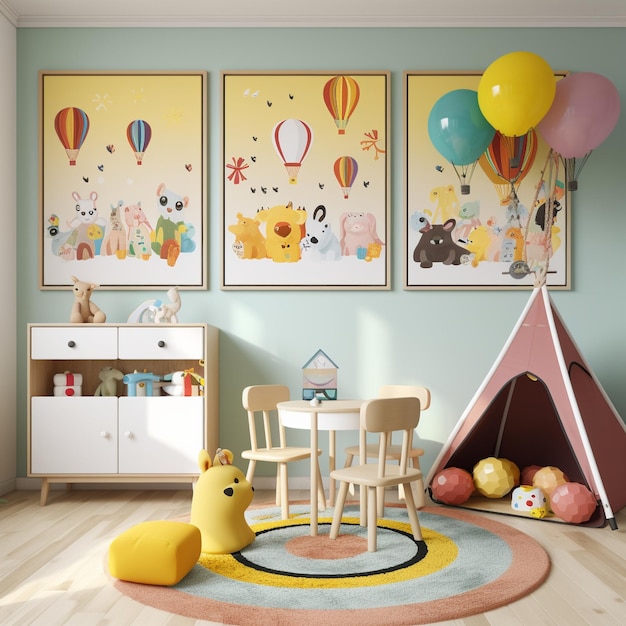 Speelse kinderspeelkamer met kleurrijke muurschildering en leuk speelgoed