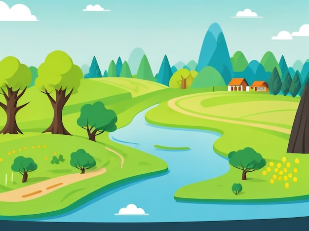 Speelse lands Cartoon FlatStyle vectorillustratie van betoverend landschap