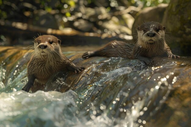 Speelse otters glijden langs een oever