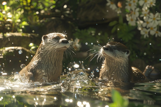 Speelse otters spelen in een glinsterende beek.