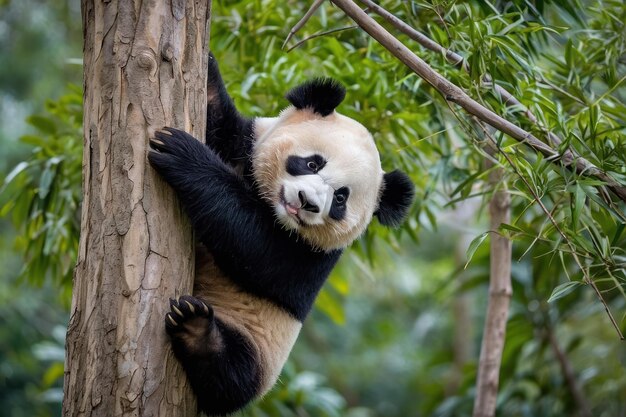 Foto speelse panda's klimmen op een boom