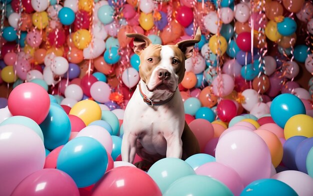 Speelse Pitbull omringd door ballonnen Generatieve AI