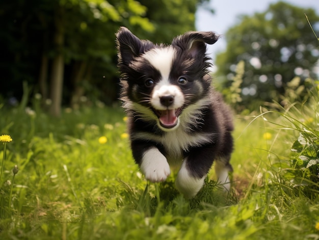 Speelse puppy die zijn staart achtervolgt in een weelderig groen park