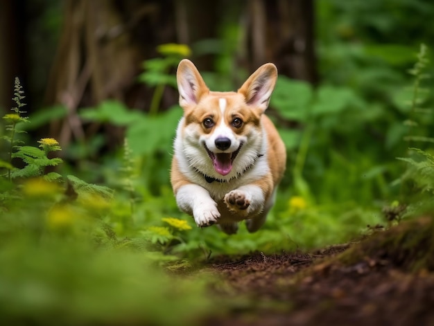 Speelse puppy die zijn staart achtervolgt in een weelderig groen park