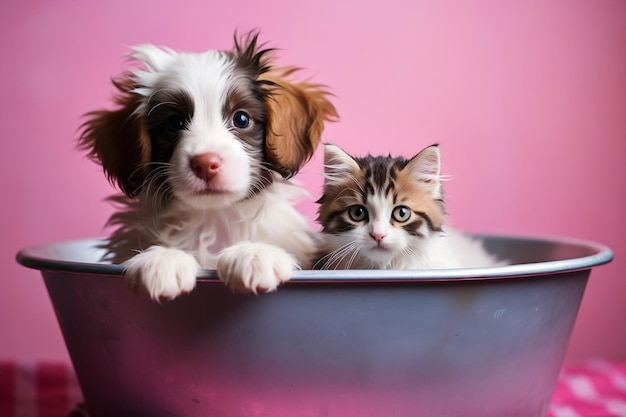 Speelse puppy en kat in badkuip AI