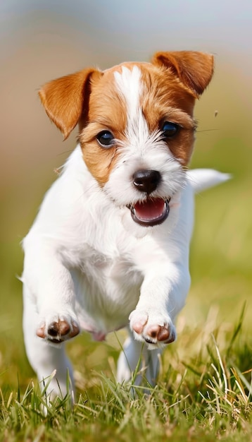 Foto speelse puppy geniet van een romp op weelderig groen gras veld schattig huisdier dat buiten loopt