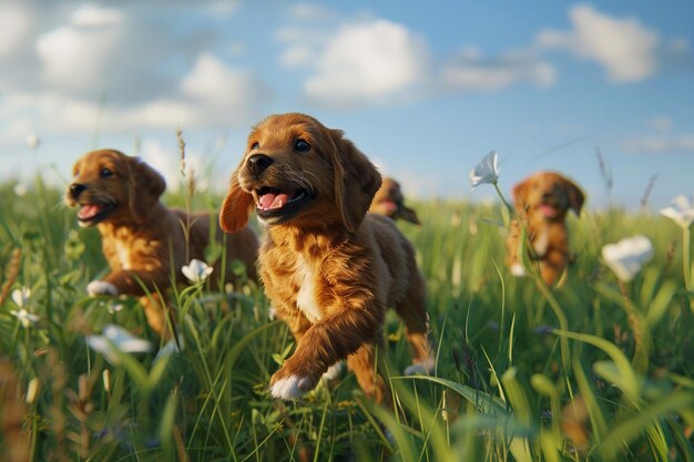Speelse puppy's die op het veld spelen.