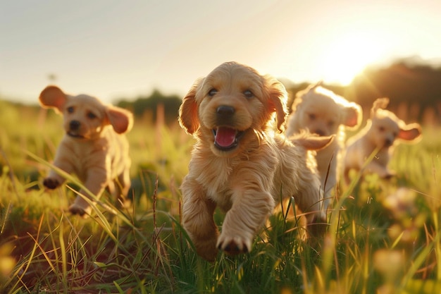 Speelse puppy's spelen in een zonnebloede weide.