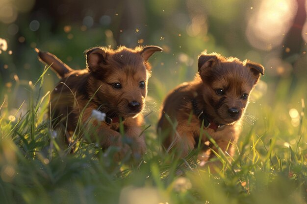 Foto speelse puppy's spelen in het gras.