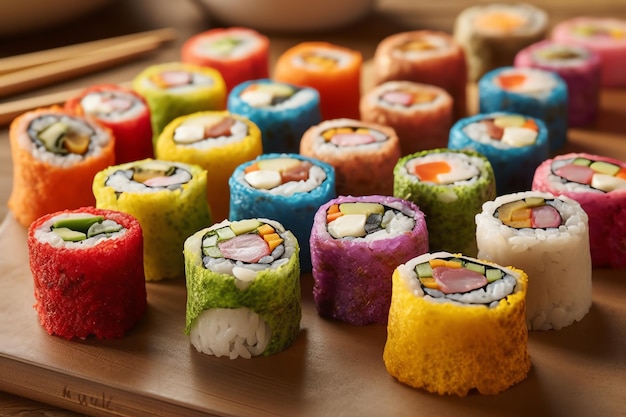 Speelse regenboogkleurige sushi rolletjes