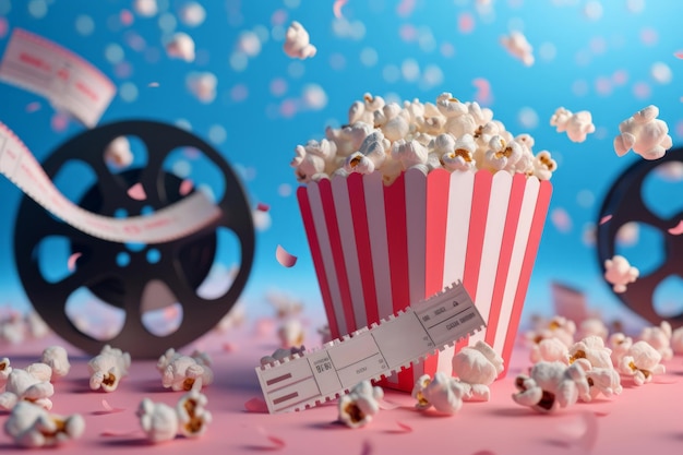 Speelse scène met een gestreepte popcorndoos en filmkaartjes op een roze en blauwe achtergrond