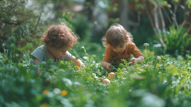 Speelse scènes van kinderen die op Paasmaandag op zoek zijn naar verborgen schatten te midden van weelderig groen