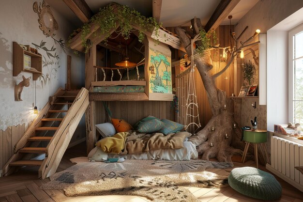Foto speelse slaapkamer voor kinderen met een bed in een boomhut