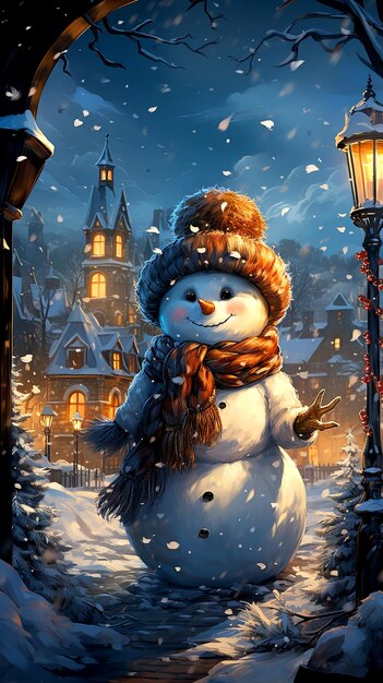 Speelse sneeuwman in een besneeuwd landschap op een feestelijke kerstnacht