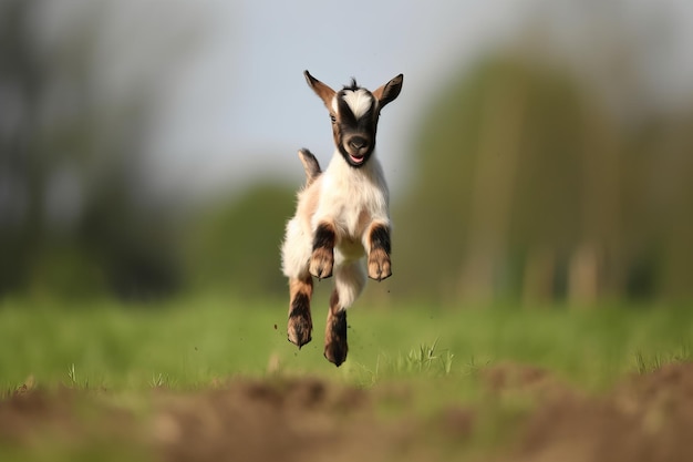 Speelse springende baby geit in het groene veld Genereren ai