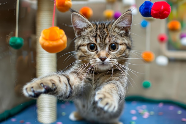 Speelse Tabby-kitten die kleurrijk hangend speelgoed in een helder speelhuis voor huisdieren aan het slaan is