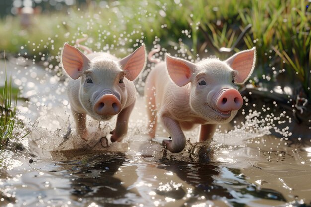 Foto speelse varkens die in modderpoelen spetteren