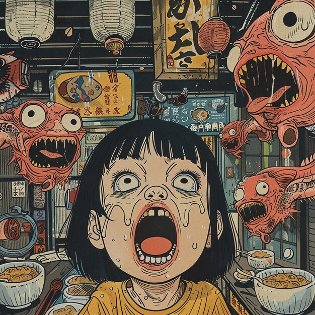 Speelse Yokai en klein meisje HighQuality illustratie in een levendige Izakaya scène
