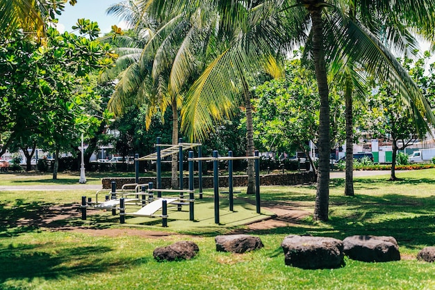 Speeltuin in een tropisch stadspark in Frans-Polynesië