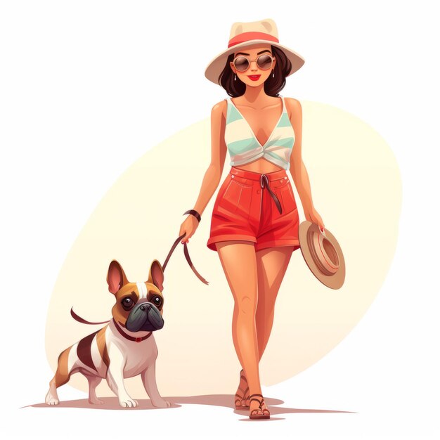 Speelzaam cartoon meisje loopt hond in vintage hoed