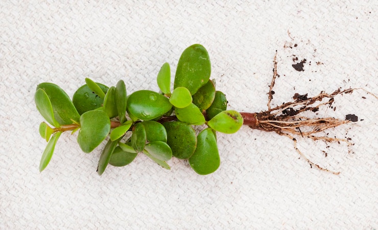 Photo spekboom 또는 portulacaria afra는 남아프리카의 수풀 식물로 절단에서 뿌리를 내립니다.