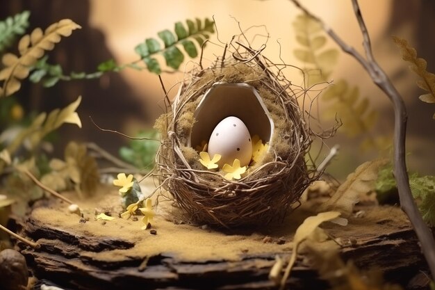 Spekig paasei in een nest met gele bloemen Mooie paasversiering