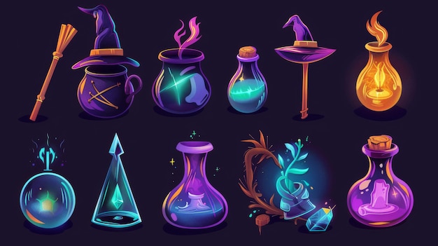 Spel cartoon iconen van een tovenaar heks en magische dingen Moderne illustratie set met een ketel gevuld met een mysterieuze gloeiende drank een tovenaar hoed en een houten toverstok